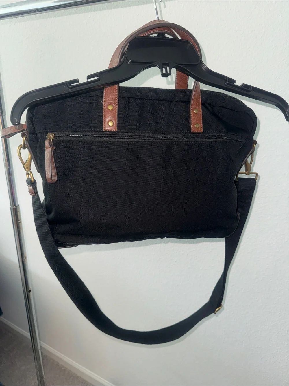 Black Nylon Briefcase with Brown Leather Handles